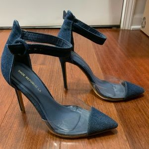 Denim ankle strapped pointy heels